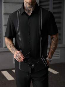 Manfinity CasualCool 男士休閒度假刺繡短袖單排釦襯衫 - 黑與白 - 查看 6