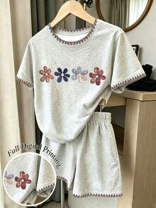Teen Girls Floral Grey & Grey Set, Colorful Lace Pattern Print, Colorful Floral All-Over Print Shorts Set, Casual Basic Everyday Wear, Suitable For Outings And Street Style, Perfect For Spring, Summer, Autumn, All-Season Outfits - Multicolor - View 1