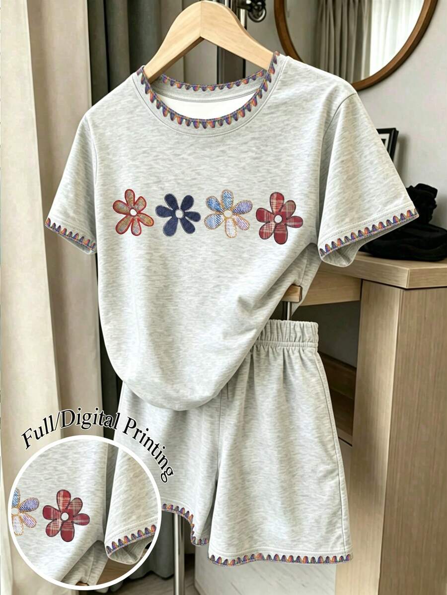 Teen Girls Floral Grey & Grey Set, Colorful Lace Pattern Print, Colorful Floral All-Over Print Shorts Set, Casual Basic Everyday Wear, Suitable For Outings And Street Style, Perfect For Spring, Summer, Autumn, All-Season Outfits - Multicolor - View 1