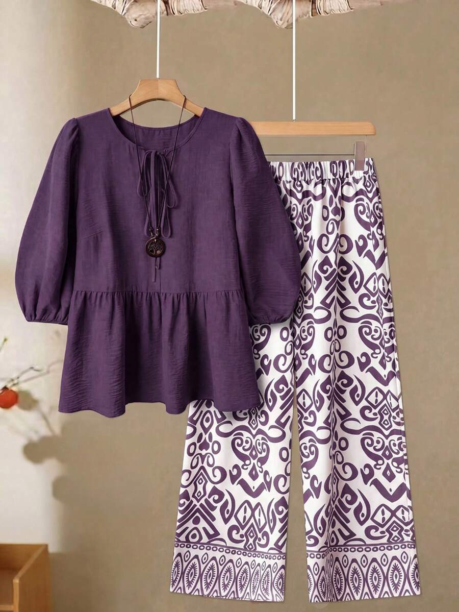 Linhara Women's Plus Size Solid Color Top With Front Bow Tie & Floral Print Wide Leg Pants Casual 2-Piece Set Fall - Purple - View 1