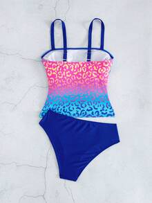 Swim Lushoire Women's Gradient Leopard Print Tankini 2-Piece Swimsuit, Adjustable Spaghetti Strap, Ruched Tummy Control Top, Solid Color Triangle Bottoms, Blue To Pink Gradient Beach Pool Vacation Swimwear - Multicolor - View 3