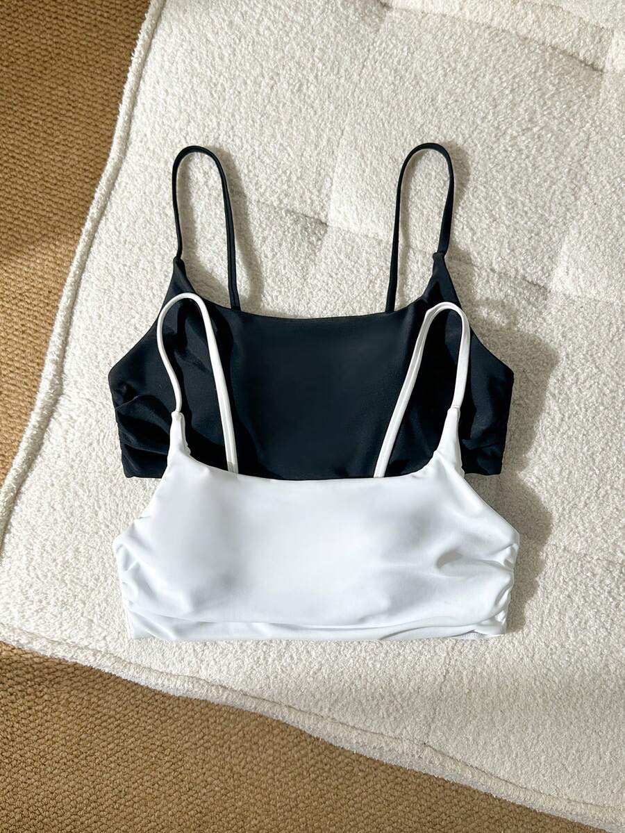 Swim Basics 女款素色可調節細肩帶極簡比基尼上衣 - 黑與白 - 查看 1