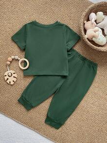 PrepCrw 2pcs Baby Boy/Girl Dark Green Summer Casual Work Soft Elastic Knit Crew Neck Short Sleeve Top And Pants Set,Decorative Embroidered Outing Vacation - Green - View 4