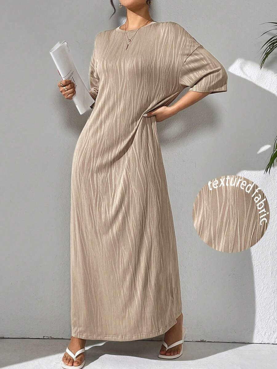 Solavon 女士纯色圆领蝙蝠袖长款宽松休闲连衣裙,春夏季,非常适合海滩/休闲/度假/家居服 - 卡其色 - 查看 1