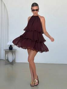 Lavishia Women's Ruffle Hem A-Line Mini Dress, Elegant Sexy For Vacation And Party Night Out Night Out Burgundy Summer - Coffee Brown - View 3