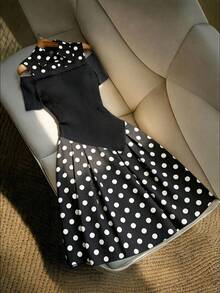 RosyDaze Black And White Polka Dot Off-Shoulder Dress Elegant Asymmetric Two-In-One Shirt Dress Ribbed Knit Short Sleeve Summer Vacation Party Tea Outfit - Black - View 4