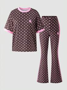 SHEIN Tween Girl Vintage Sweet Casual Dot Pattern Print & Pink Striped Horse Riding Print Short Sleeve T-Shirt And Flare Pants 2-Piece Set, Suitable For Spring, Summer, Autumn - Multicolor - View 4