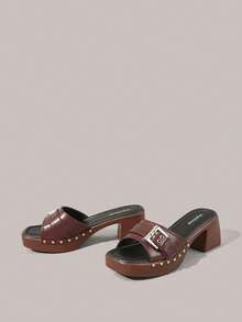 Styleloop Sandal nữ mũi vuông, khóa hạt tròn màu vàng, trang trí vải PU, thời trang, đơn giản và thoải mái, món đồ không thể thiếu cho du lịch mùa hè - màu nâu - Xem 2