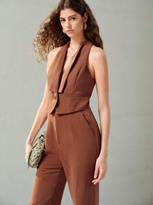 MOTF PREMIUM WOMEN'S V-NECK LACE TRIM HALTER NECK 2 IN 1 JUMPSUIT OFFICE WORK BROWN SUMMER ELEGANT - Brown - View 5
