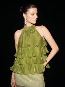 BELROSIE Lily Satin Multi-Layer Ruffle Neckline Handmade 3D Flower Sleeveless Halter Neck Top For Women - Green - View 1