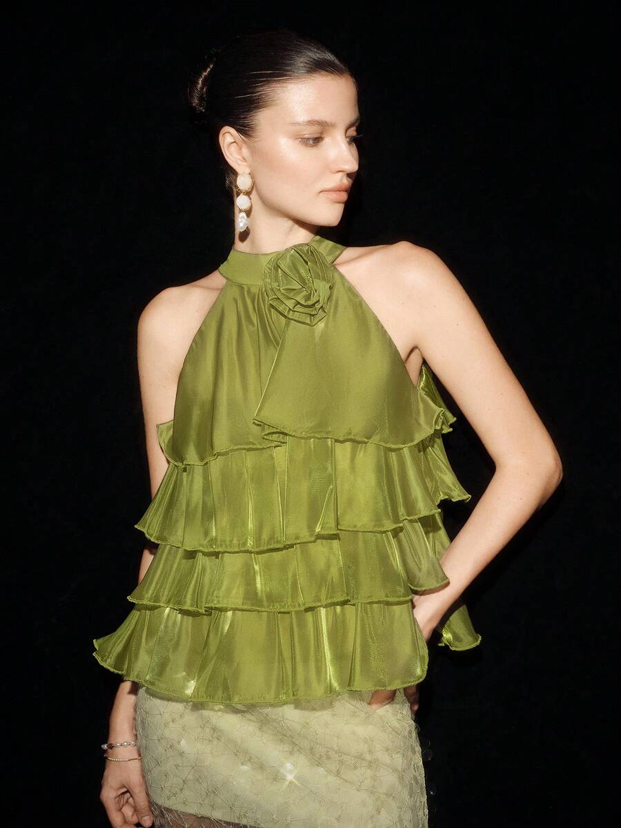 BELROSIE Lily Satin Multi-Layer Ruffle Neckline Handmade 3D Flower Sleeveless Halter Neck Top For Women - Green - View 1