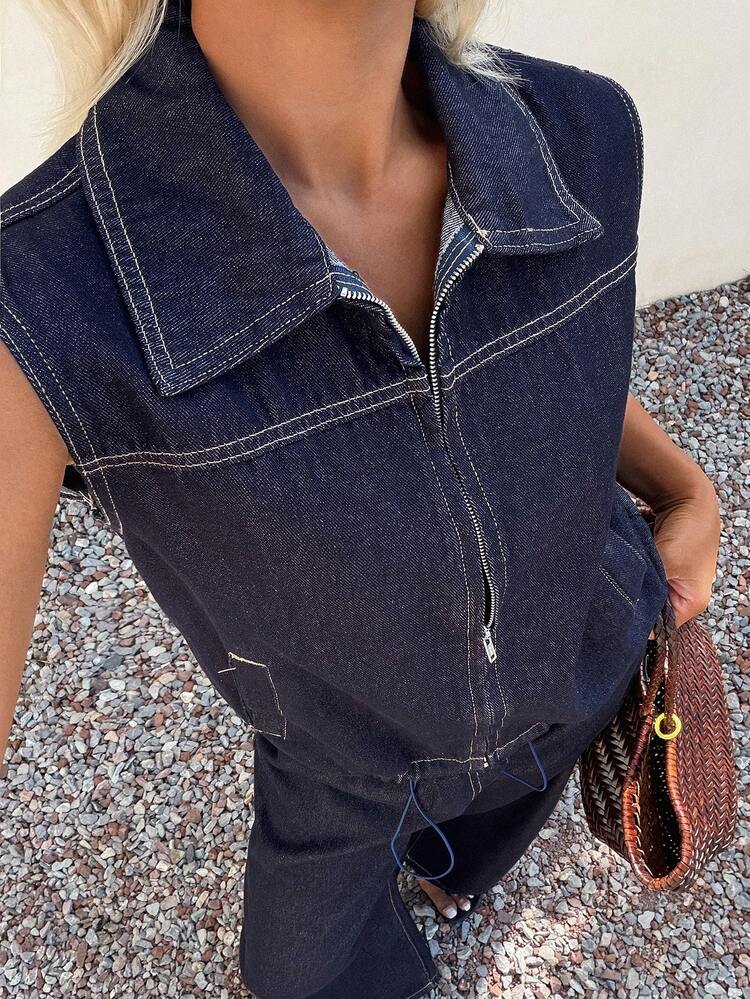 Women's Lapel Sleeveless Vest And Loose Long Pants Urban Casual Denim Set