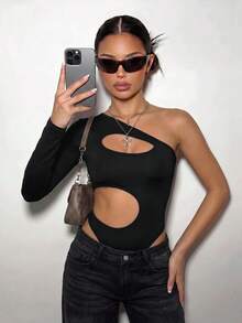 SHEIN ICON Spring/Summer Women's Black Goth Grunge Sexy Solid Color Sexy Asymmetric Cut Tight Bodysuit - Black - View 4
