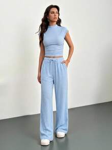 SHEIN Tall 2件組女款夏季純色立領百褶上衣與長褲套裝，休閒運動居家服，嬰兒藍，適合高個女性 - 淺藍色 - 查看 5