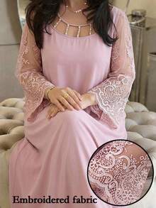 Al Najma Plus Size Women's Contrast Lace 3/4 Sleeve Elegant Arabic Style Dress - Dusty Pink - View 1