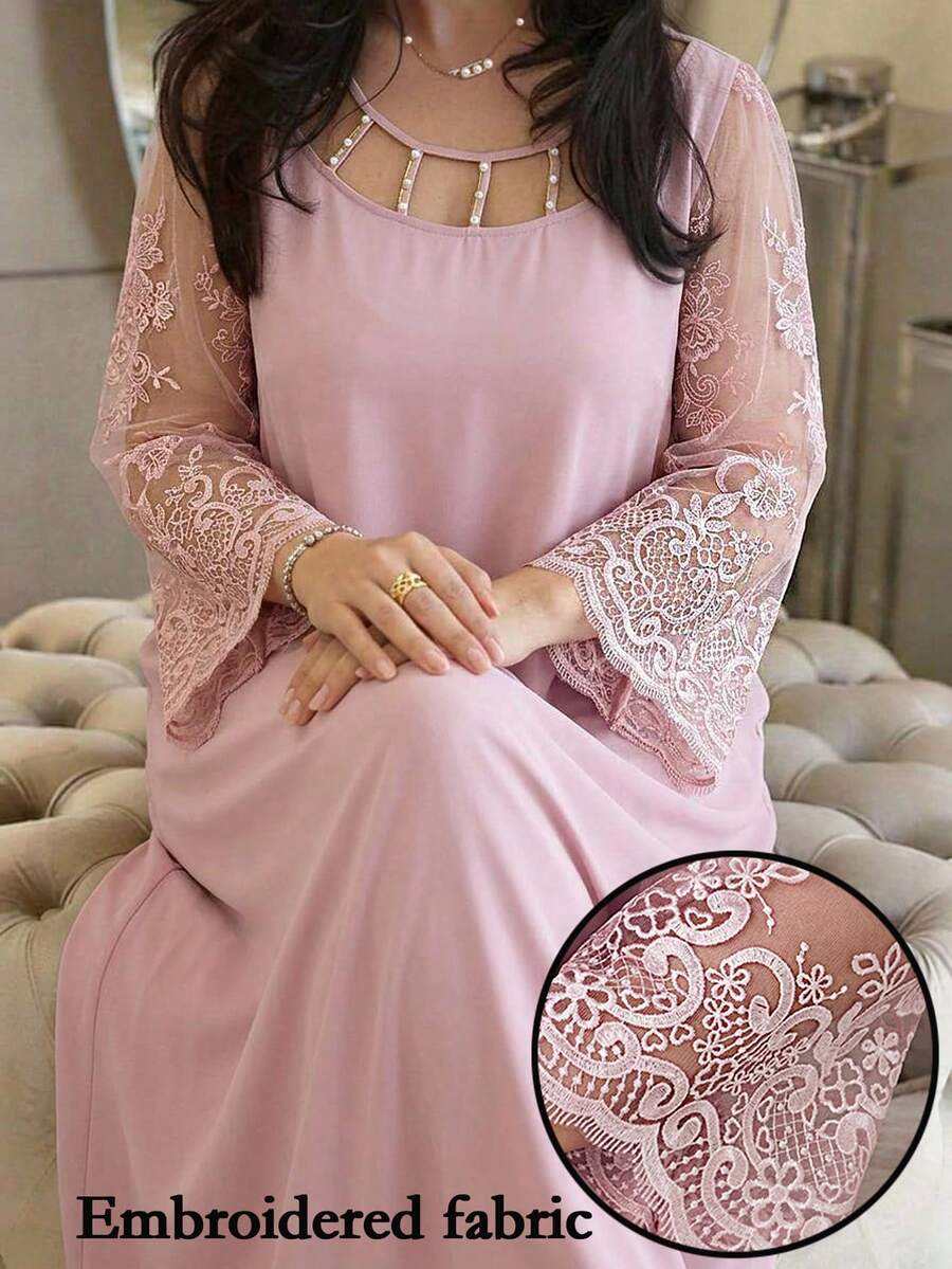 Al Najma Plus Size Women's Contrast Lace 3/4 Sleeve Elegant Arabic Style Dress - Dusty Pink - View 1