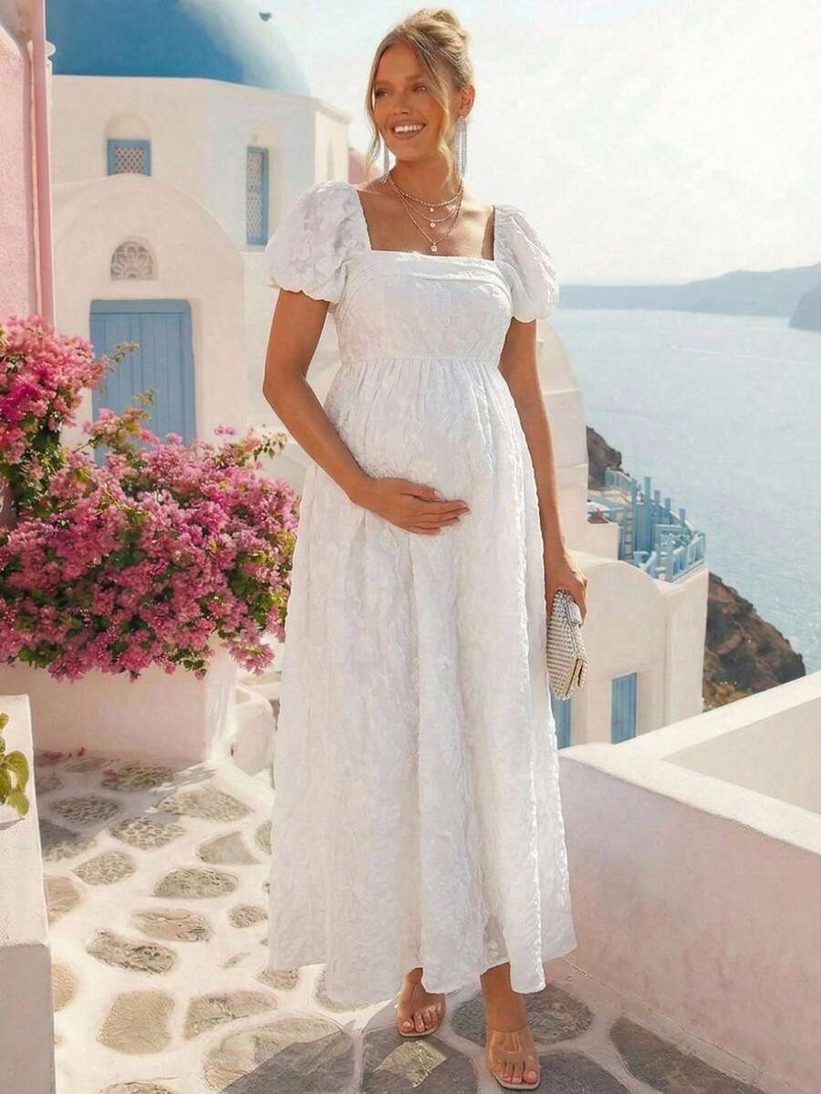 Loomaby Maternity Summer Elegant Jacquard Square Neck Petal Sleeve Dress - Apricot - View 1