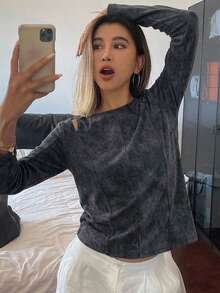 FRIFUL Women's Casual Fashion Street Split Line Off-Shoulder Washed Long Sleeve T-Shirt, Summer - Grey - View 10