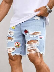 Manfinity LEGND Shorts de mezclilla casuales diarios para hombres con bolsillo, botón, diseño desgastado y patrón de dibujos animados, para vacaciones - Lavado ligero - Ver 3