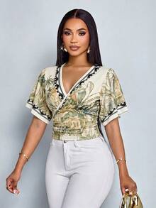 SOLERSUN Women's Spring/Summer Retro Tropical Elegant Print V-Neck Bell Sleeve T-Shirt, Stylish Vacation Party Wear Beige - Apricot - View 4