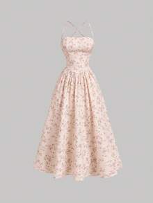 Vestido largo elegante de mujer con estampado floral y diseño de cordones en la espalda, vestido midi de verano con espalda descubierta, vestido midi floral ajustado con cordones en - Rosa - Ver 5