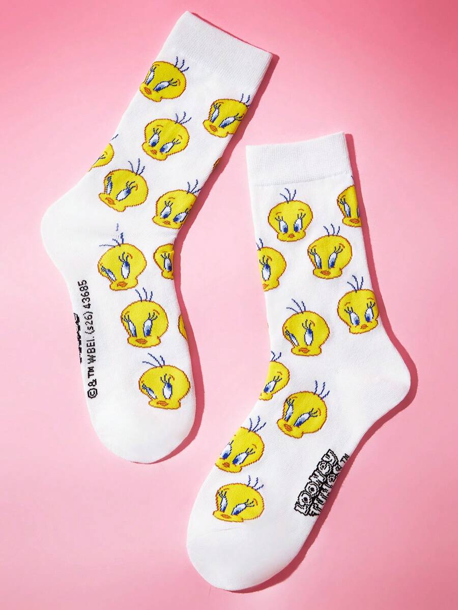 LOONEY TUNES X SHEIN 1雙女款格子卡通圖案可愛筒襪 - 白色 - 查看 1