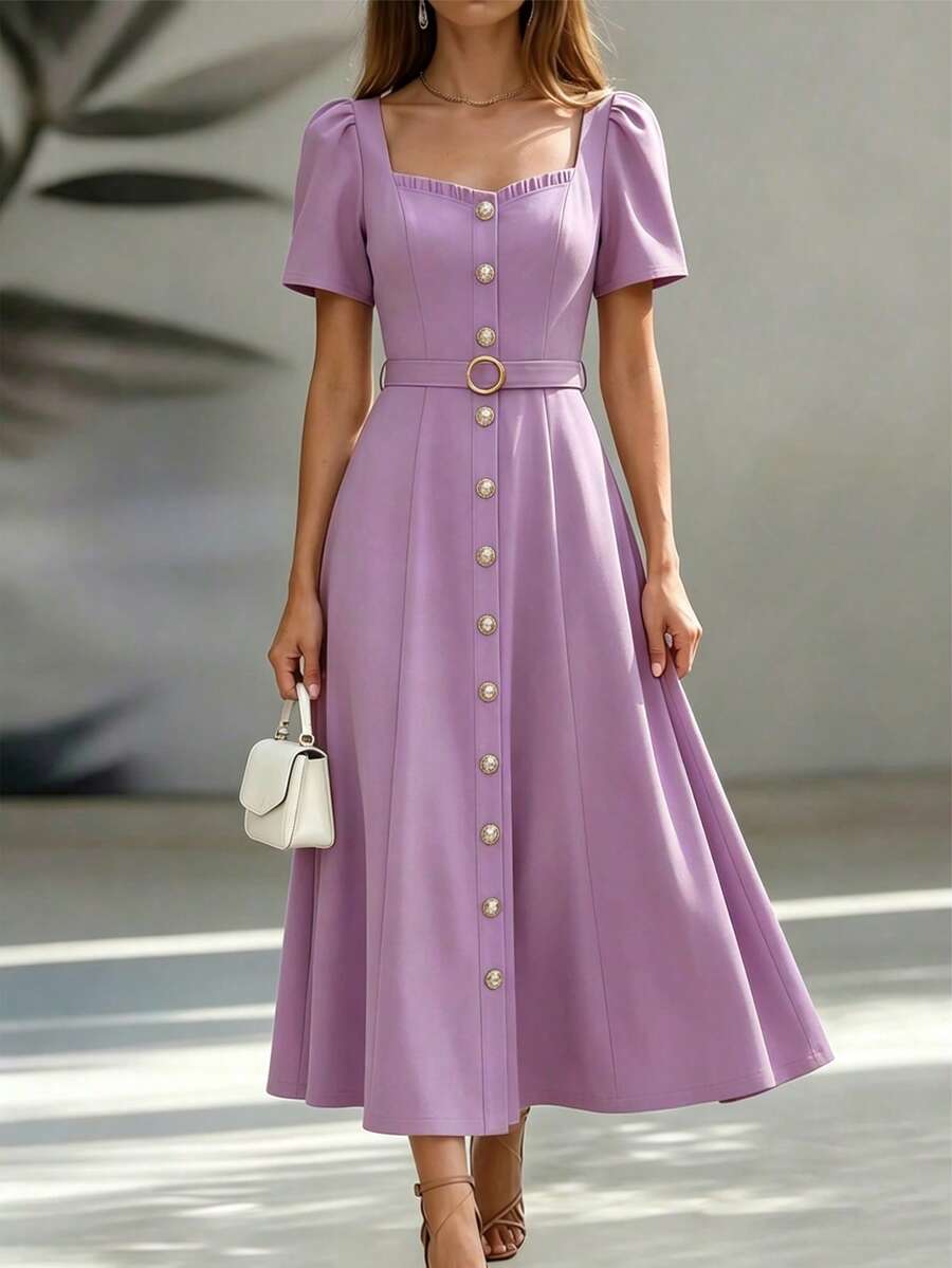 EMERY ROSE Women's Elegant Sweetheart Neck Button Front Short Sleeve Dress, Summer - Mauve Purple - View 1