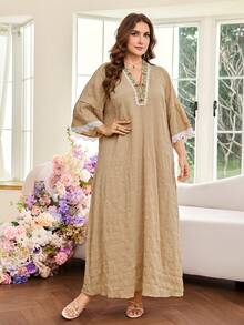 Al Najma Plus Size Women Arabic Style Dress - Khaki - View 5