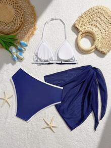 SHEIN Girls' (Big) Swimsuit Set Navy Blue Color Block High Elasticity Skin-Friendly Fabric 2-Piece Halter Neck 3-Piece Set Nautical Tropical Beach - Multicolor - View 2