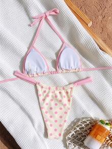 Elavelle Conjunto de bikini halter con estampado aleatorio para mujer, primavera/verano - Multicolor - Ver 4