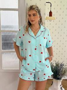 CottageSlumber Pink Heart Print Ruffle Collar Button-Down Short Sleeve Shorts Pajama Set Plus Size - Green - View 3