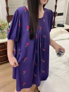 Dazy Plus 時尚葉子與花卉印花圓領 A 字版型寬鬆長款家居洋裝 優雅睡袍 夏季睡衣 - 紫羅蘭色 - 查看 8