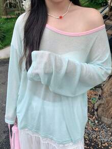Dazy Plus Solid Color Large Scoop Neck Half-Open Placket Long Sleeve T-Shirt Spring Summer - Mint Green - View 2