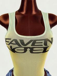 BamGleam Women's Letter Print Slim Fit Versatile Daily Outing Vacation Top Green And Yellow Summer Street Wear 2000s Y2k Night - Yellow - View 6
