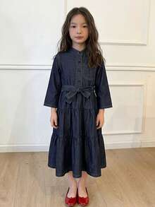 Dazy Kids 少女鈕扣腰部打結休閒日常牛仔洋裝 - 深色水洗藍 - 查看 5