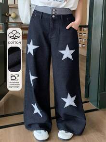 Dazy Plus Fashion Casual Contrast Color Patchwork Waistband 3-Button Decor Loose Straight Leg Long Plus Size Women's Jeans All Season - Dark Wash - View 2
