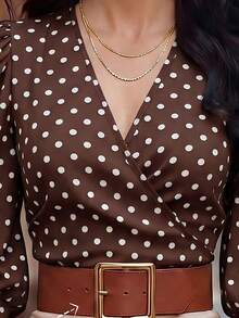 EMERY ROSE Blus Wanita Pendek Model V-Neck Motif Polkadot Lengan Mengembang dengan Pinggang Ramping, Model Terbaru Musim Semi/Panas - MultiWarna - View 4
