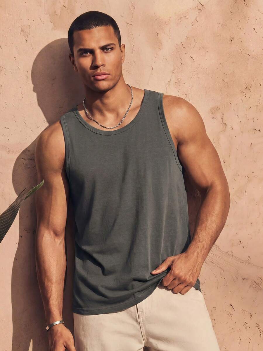 Ocevento Men's Solid Color Crew Neck Casual Versatile Tank Top - White - View 1