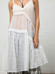 COUREZ Semi-Transparent Mid-Length Ruffle Strap Loose Dress/Y2K Autumn Women's Casual Set Autumn Loose Dress Outing Set Holiday Set Autumn Dress - Pearl White - View 7