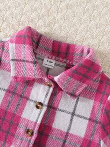 SHEIN Playful Pals 3pcs/Set Baby GirlFashionable Plaid Long Sleeve Shirt + Suspender Short Vest + Flared Jeans Casual Outfit - Pink - View 5