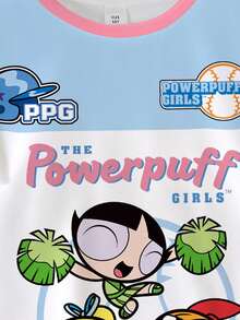 THE POWERPUFF GIRLS X SHEIN 少女休闲撞色卡通图案圆领短袖T恤，夏季 - 白色 - 查看 5