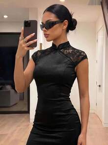 SHEIN ICON 女款素色對比蕾絲短袖修身優雅迷你洋裝 - 黑色 - 查看 4