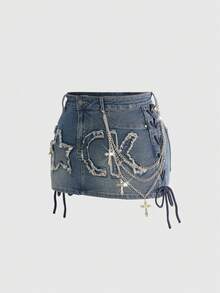 ROMWE J-Fashion 大尺碼 Y2K 復古懷舊紅色對比色英文字母女款牛仔裙 - 藍色 - 查看 6