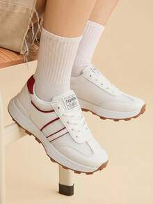 CUCCOO EASI Women's Thick-Soled Round Toe Lace-Up Casual Shoes Shoes Back To School - Red and White - View 1