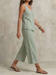 Levarali Women's Summer Sleeveless Tank Top And Cropped Wide Leg Pants Set Vacation Sage Green Boho Casual - Mint Green - View 5