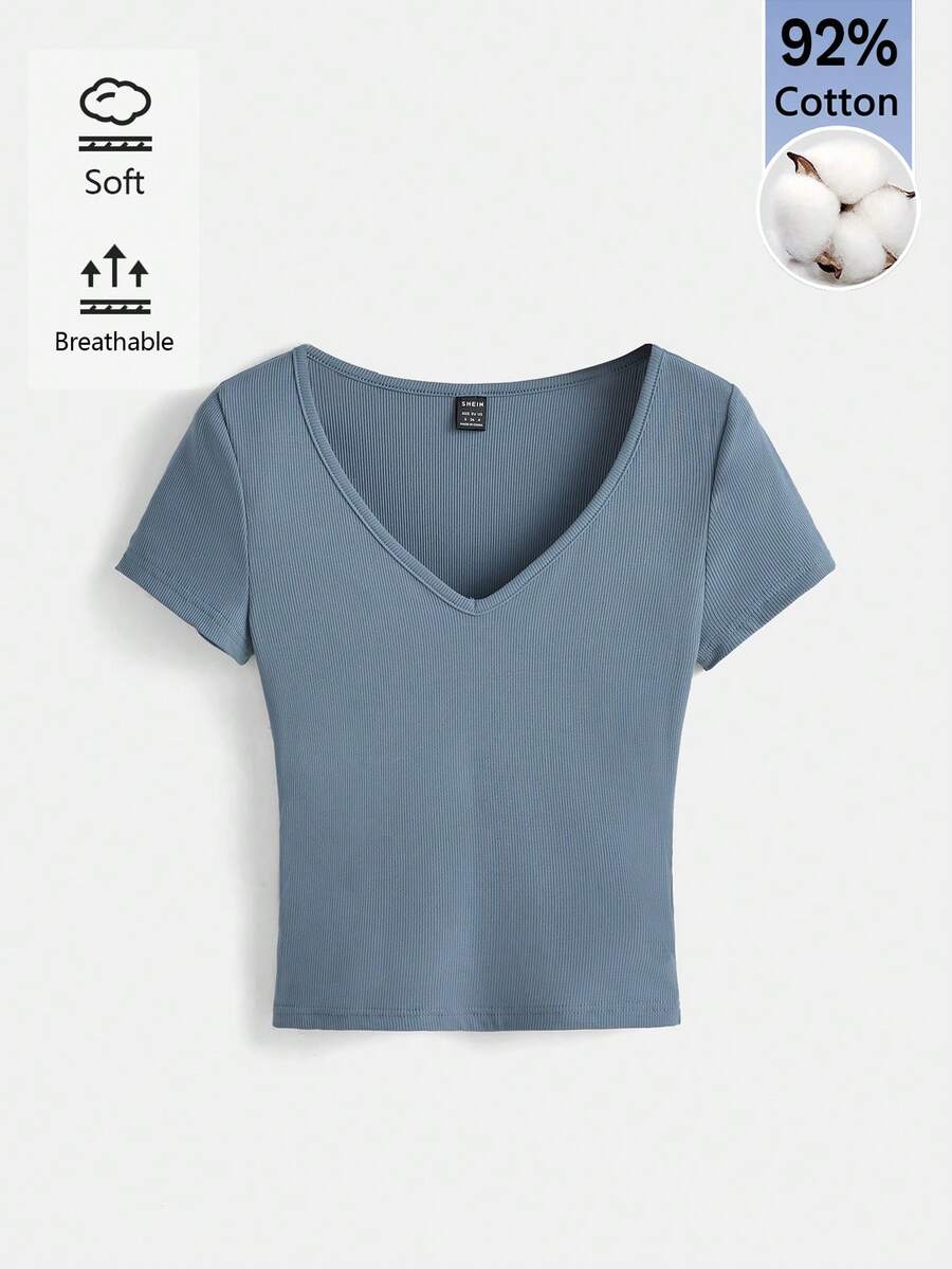 SHEIN BASICS Women's Solid Color V-Neck Casual Versatile Daily Outing Short Sleeve T-Shirt - Blue - View 1