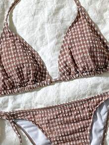 Swim Mod Women's Spring/Summer Jacquard Fabric Halter Neck Tie Bikini Set - Brown - View 6