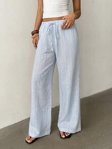 Aloruh Women's Casual Elastic Waist Tie Striped Linen Texture Loose Straight Wide Leg Pants - Baby Blue - View 4