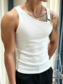Manfinity Dauomo Men's Summer Fashion Solid Color Ribbed Oblique Shoulder Slim Fit Tank Top - White - View 6
