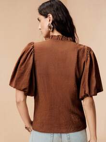 Arave Women Blouse Slim Waist Puff Sleeve Textured Ruffle V Neck Button Vertical Pleated Hollow Lace Vintage Elegant Shades Of Brown Teachers' Day Brunch - Coffee Brown - View 3